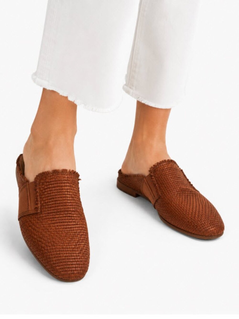 Frye Woven Leather Mule Slides Cognac Brown Slip On Loafer Size 9